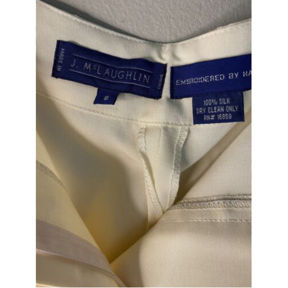 Vtg 80s Raw Silk J. McLaughlin Pants Hand Embroidered Hula Dancers Cream‎ - Picture 4 of 9